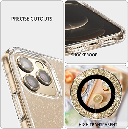 Hoerrye iPhone 12 Pro Phone Case ,3 x Camera Lens Protector- Glitter Gold Lens Cover