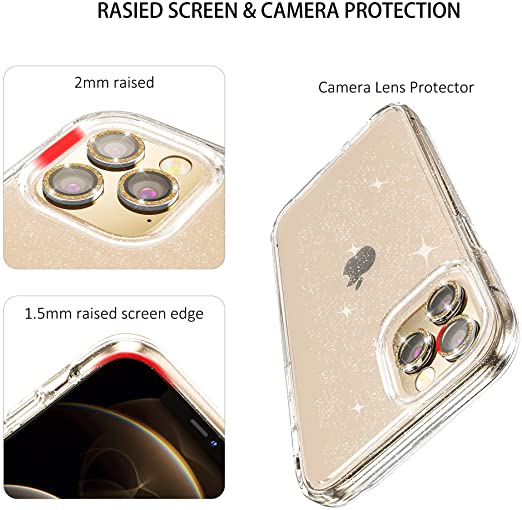 Hoerrye iPhone 12 Pro Phone Case ,3 x Camera Lens Protector- Glitter Gold Lens Cover