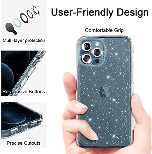 Hoerrye iPhone 12 Pro Max Phone Case , 3 x Camera Lens Protector- Glitter Clear