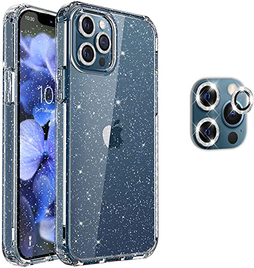 Hoerrye iPhone 12 Pro Max Phone Case , 3 x Camera Lens Protector- Glitter Clear
