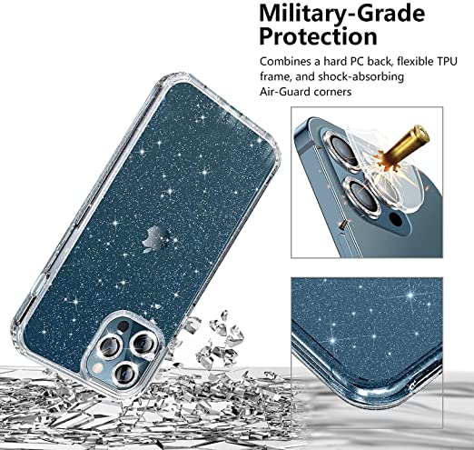 Hoerrye iPhone 12 Pro Max Phone Case , 3 x Camera Lens Protector- Glitter Clear