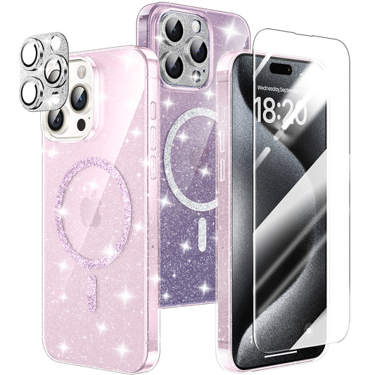 Hoerrye for iPhone 15 Pro Max Case for Women [Compatiable with MagSafe][2 x Glass+ 1 x Metal Camera Lens Protector] PC Hard Glitter Magnetic Cover