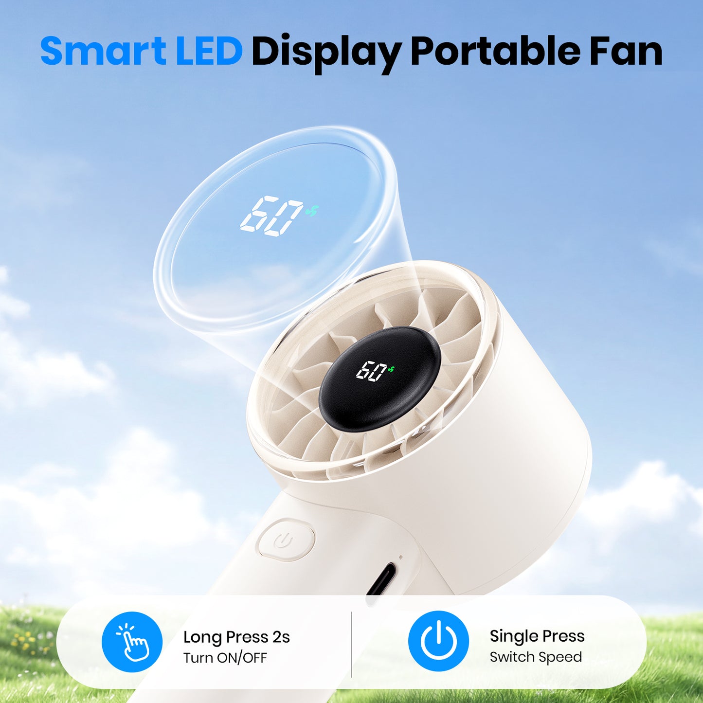 Hoerrye Portable Handheld Fan - Pocket Design Ultra-Light 150g Mini Personal Cooling Fan with Smart LED Display for Women, Office, Travel & Bedroom Use