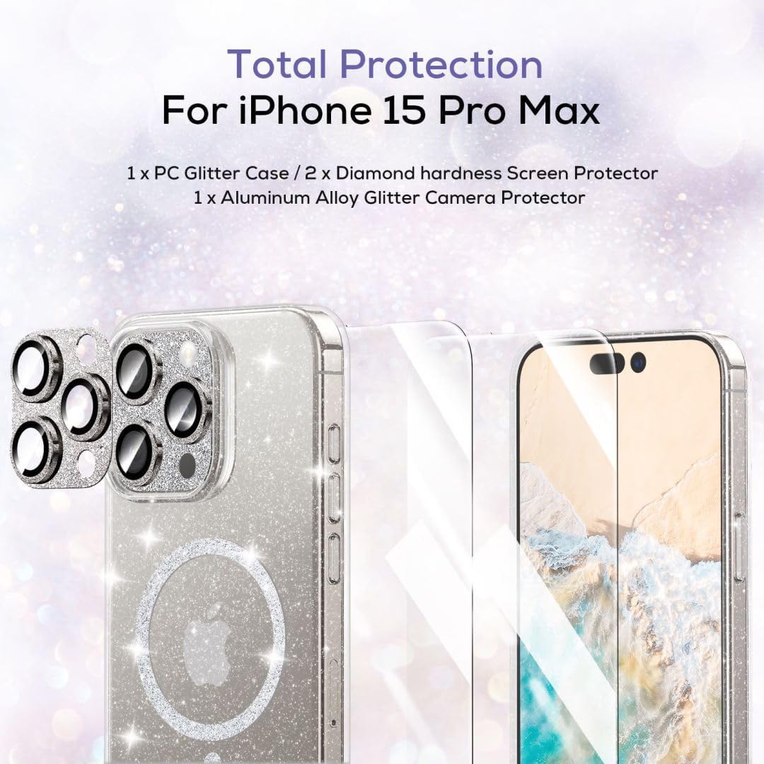 Hoerrye for iPhone 15 Pro Max Case for Women [Compatiable with MagSafe][2 x Glass+ 1 x Metal Camera Lens Protector] PC Hard Glitter Magnetic Cover