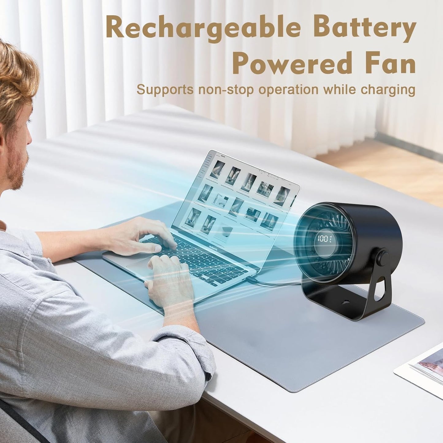 Hoerrye Desk Fan Portable USB Rechargeable, Small Table Fan with Wall Mounted Design & Smart LED Display, 100 Speed Stepless Adjustable Quiet Turbo Air Circulator Fan for Bedroom Office Travel