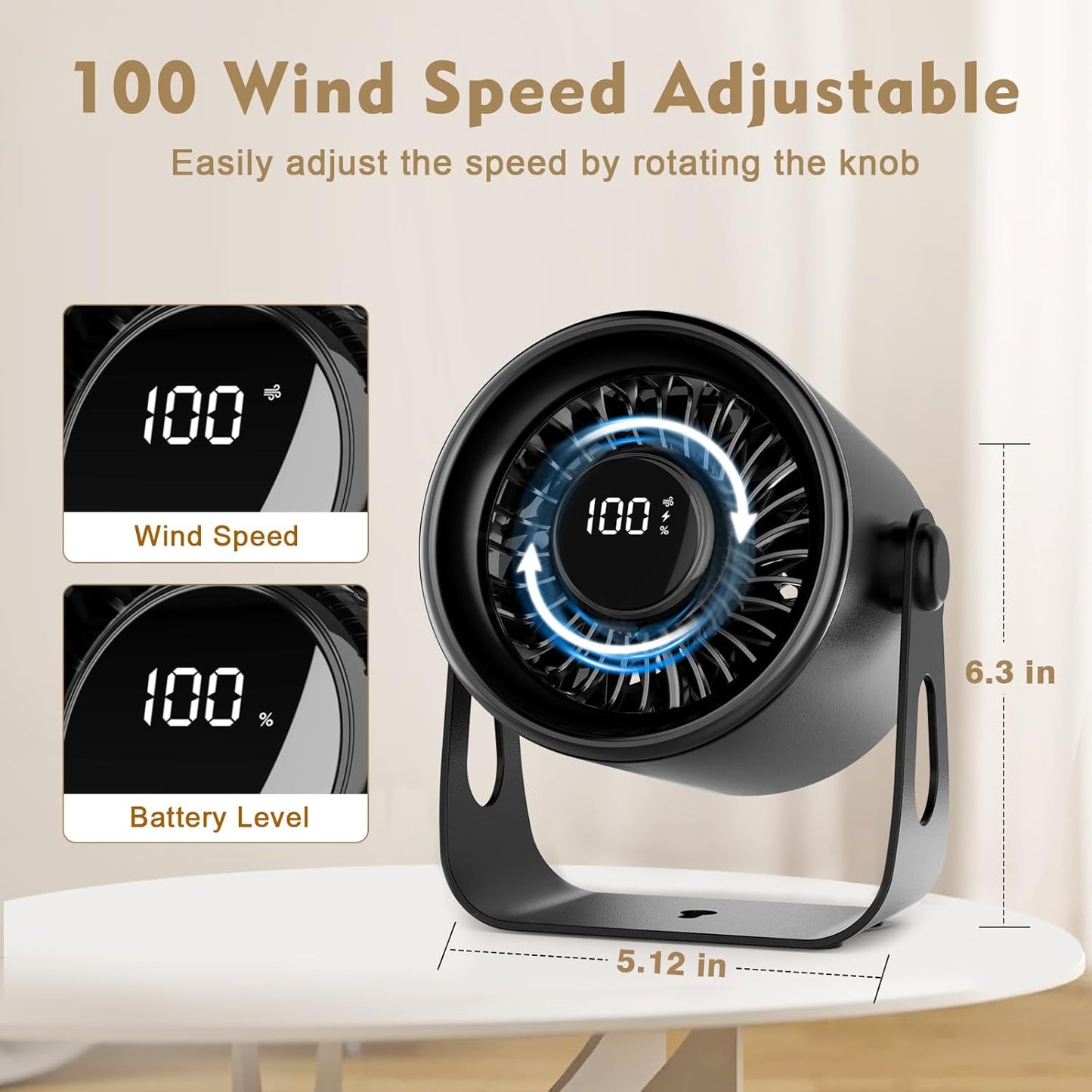 Hoerrye Desk Fan Portable USB Rechargeable, Small Table Fan with Wall Mounted Design & Smart LED Display, 100 Speed Stepless Adjustable Quiet Turbo Air Circulator Fan for Bedroom Office Travel