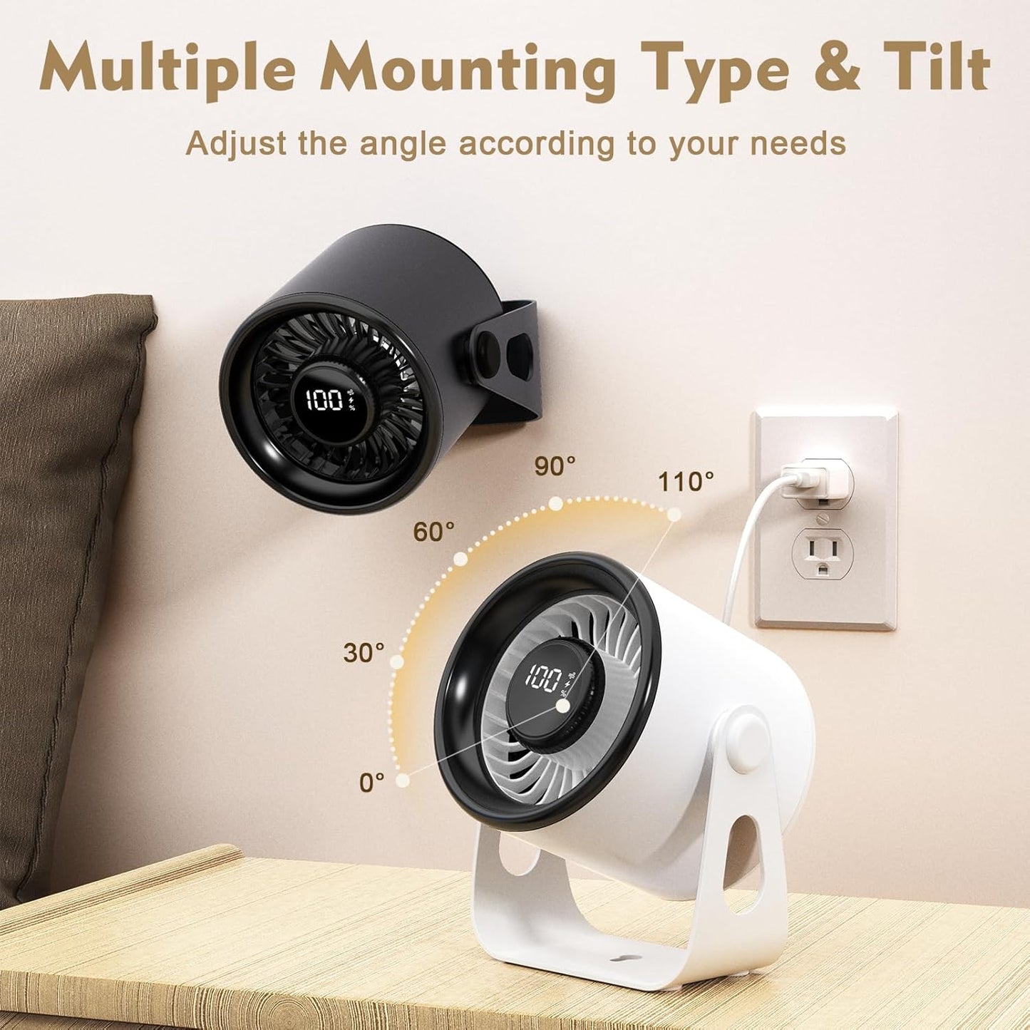 Hoerrye Desk Fan Portable USB Rechargeable, Small Table Fan with Wall Mounted Design & Smart LED Display, 100 Speed Stepless Adjustable Quiet Turbo Air Circulator Fan for Bedroom Office Travel