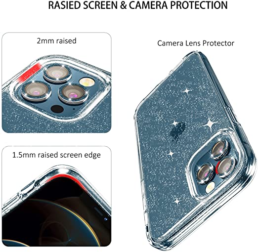 Hoerrye iPhone 12 Pro Phone Case ,3 x Camera Lens Protector- Glitter Blue Lens Cover