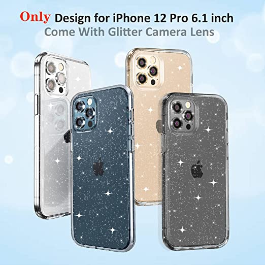 Hoerrye iPhone 12 Pro Phone Case ,3 x Camera Lens Protector- Glitter Gold Lens Cover